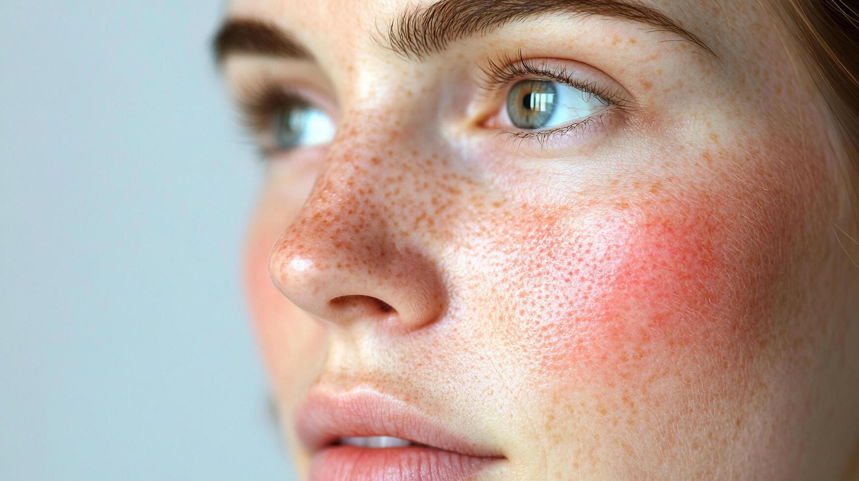 Close-up shot of a woman's face showcasing natural beauty with delicate freckles, fair skin, and a subtle blush. Serene and contemplative gaze. photo