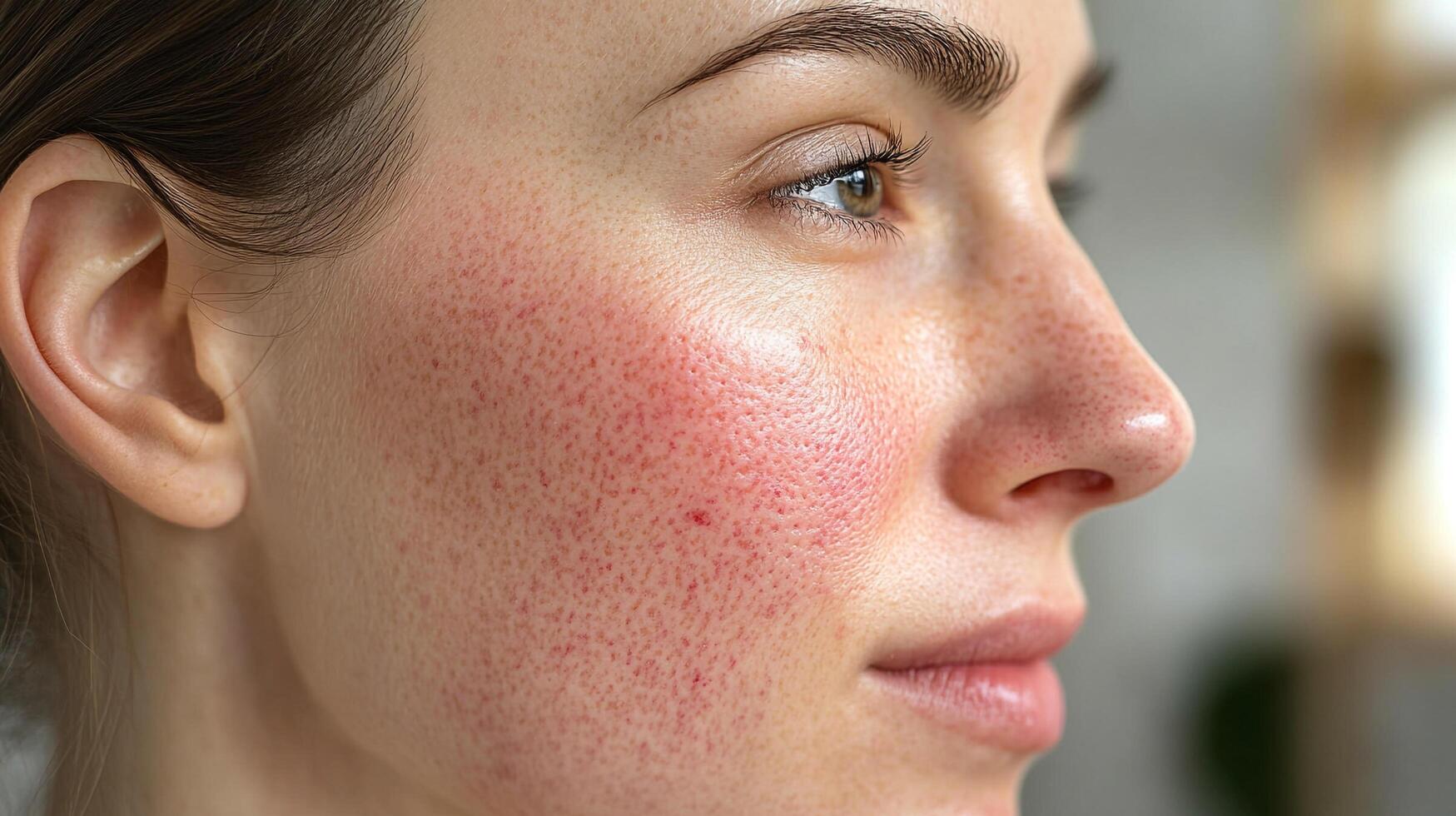Close-up profile of woman with rosacea, showcasing red skin and visible capillaries on cheeks, nose, and ear area. Medical dermatology concept. photo