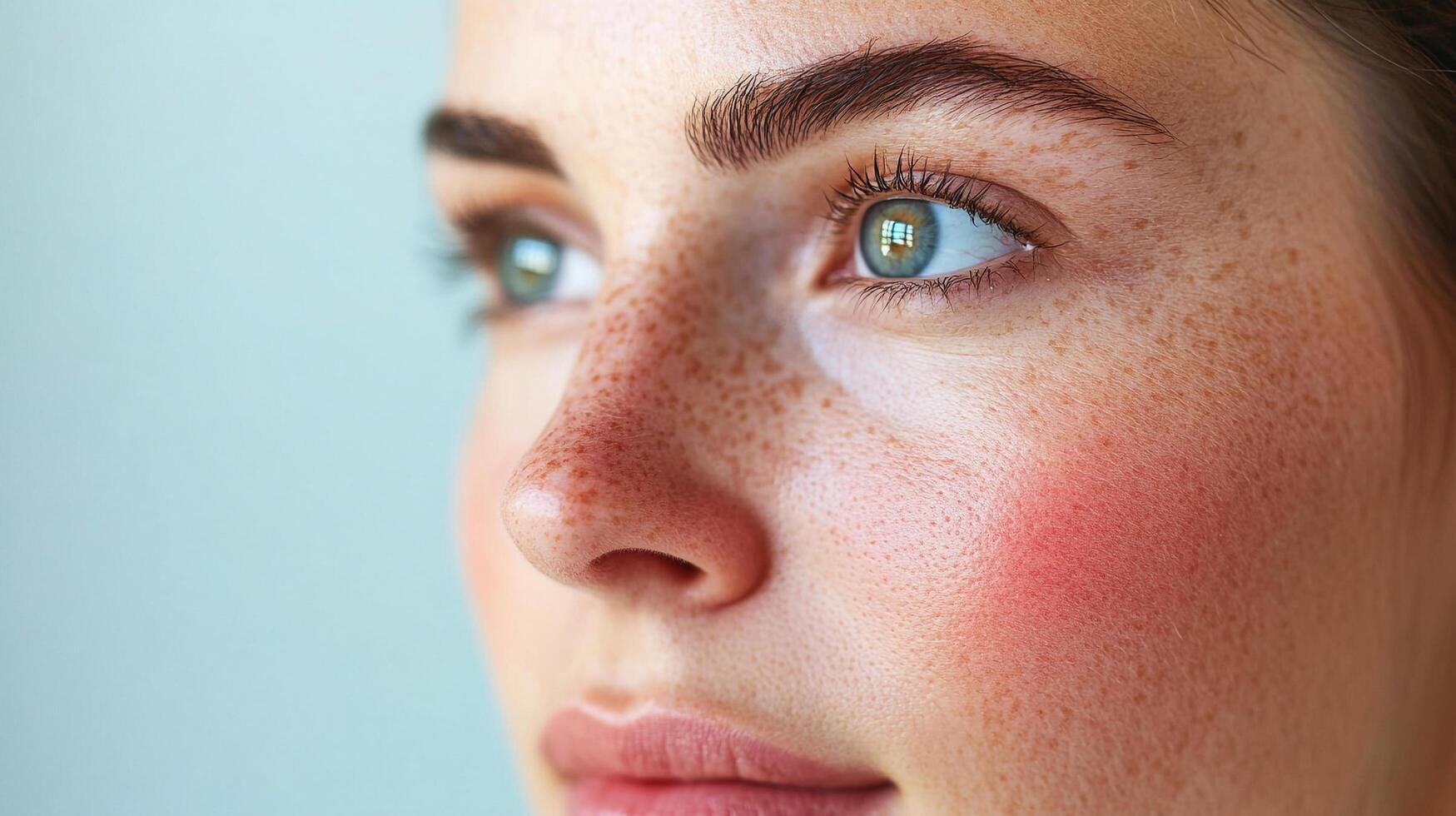 Close-up of a woman with freckles, light skin, and green eyes gazing to the side with a subtle, natural look against a soft blue backdrop. photo