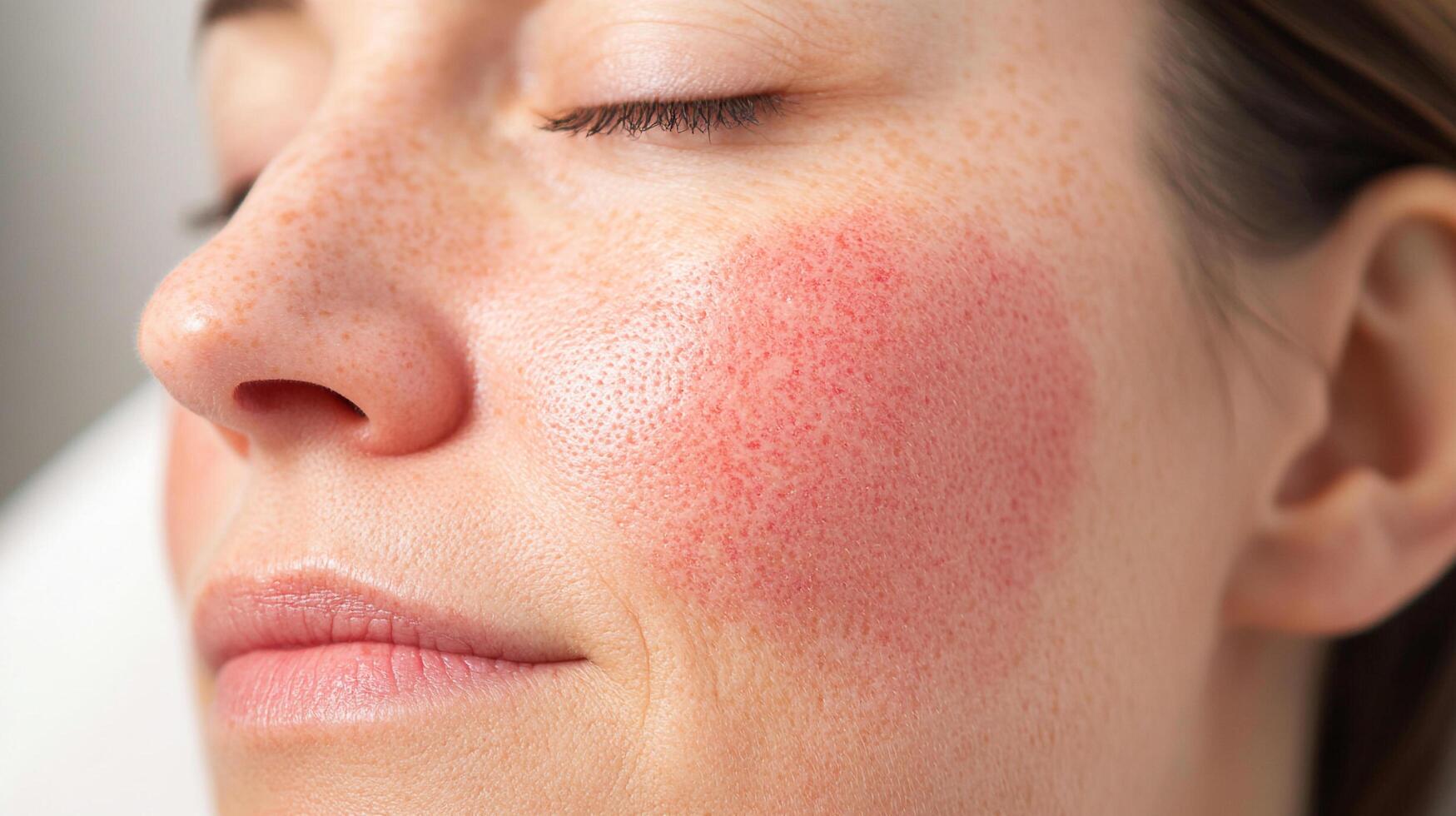 Close-up of a woman's face with a skin condition, showing redness and irritation on her cheek, against a blurry background. Aesthetic concept. photo