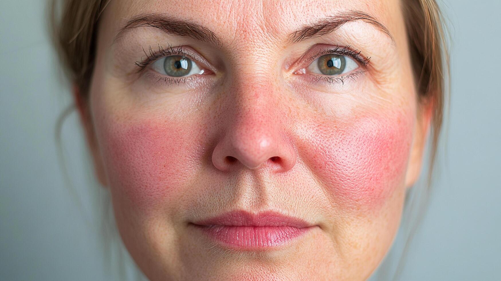 Close-up portrait of woman with rosacea. Redness visible on her face. Skin issue affecting the cheeks, nose, forehead, and chin. photo