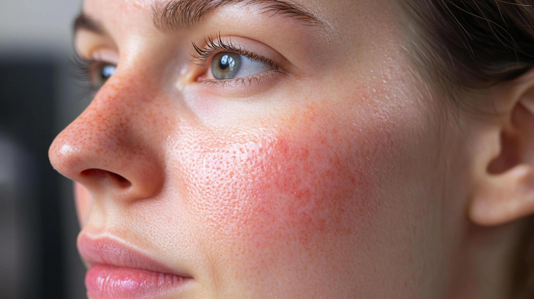 Close-up of a woman's face with rosacea, highlighting skin redness and sensitivity. Focuses on skin health and skincare awareness. photo