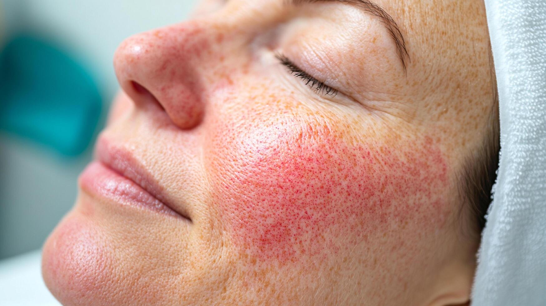 Woman with rosacea exhibits redness and skin irritation on cheeks, nose, and forehead. Soothing, gentle treatment and skincare is recommended. photo