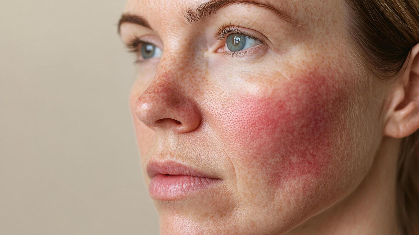 Close-up of a woman's face showing rosacea, a common skin condition that causes redness and visible blood vessels in the face. The condition can photo