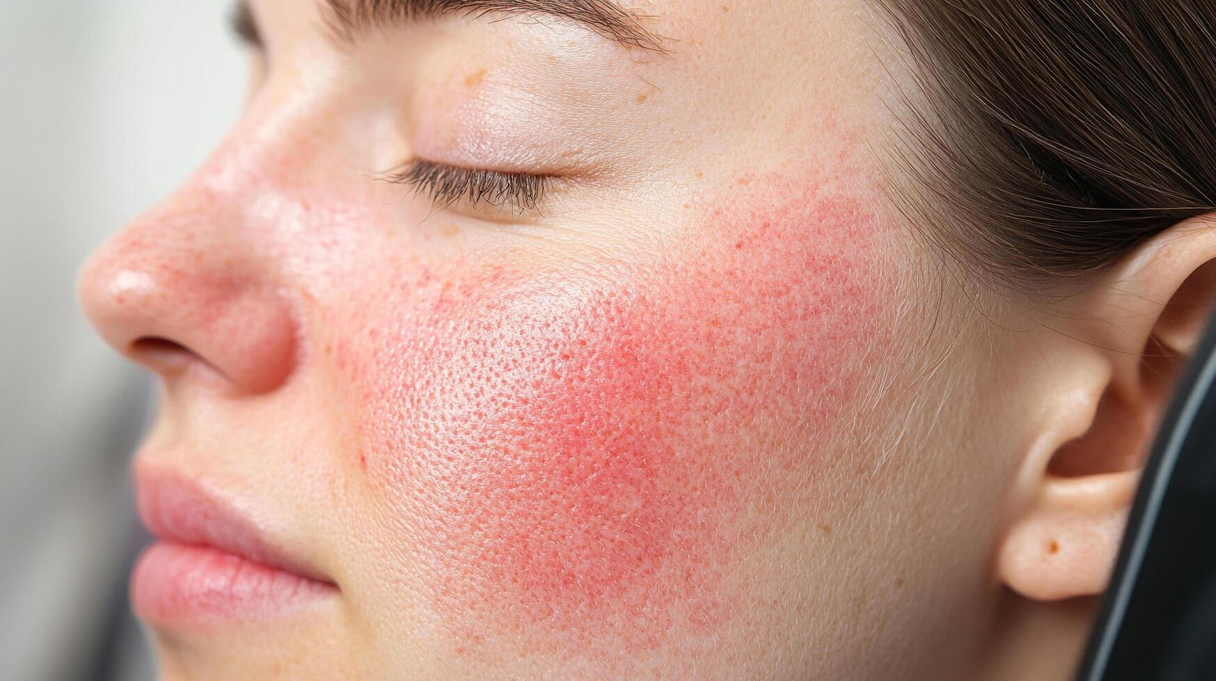 Close-up of a woman's face displaying skin redness, sensitive skin condition, and mild irritation on her cheek and around her nose. photo