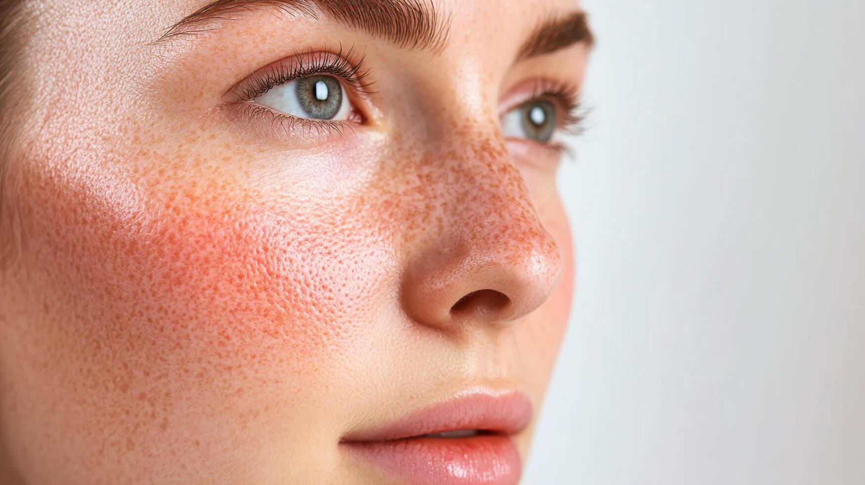 Close-up of a woman's face showcasing skin with redness and freckles, emphasizing natural beauty and skin texture. Natural and healthy skin. photo