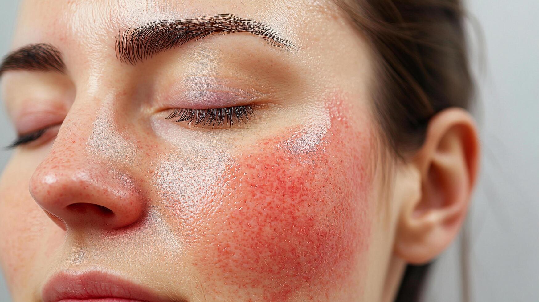 Close-up of a woman's face showing rosacea skin condition, red complexion, and closed eyes. Natural beauty with skin issue. photo