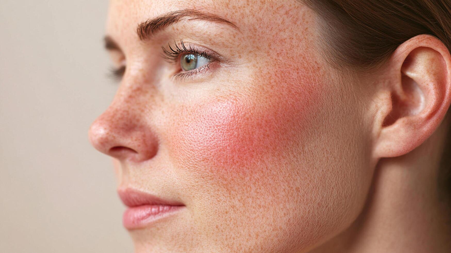 Profile portrait of a freckled woman with rosy cheeks. Her fair skin shows a natural blush. She looks off to the side, serene and healthy. photo