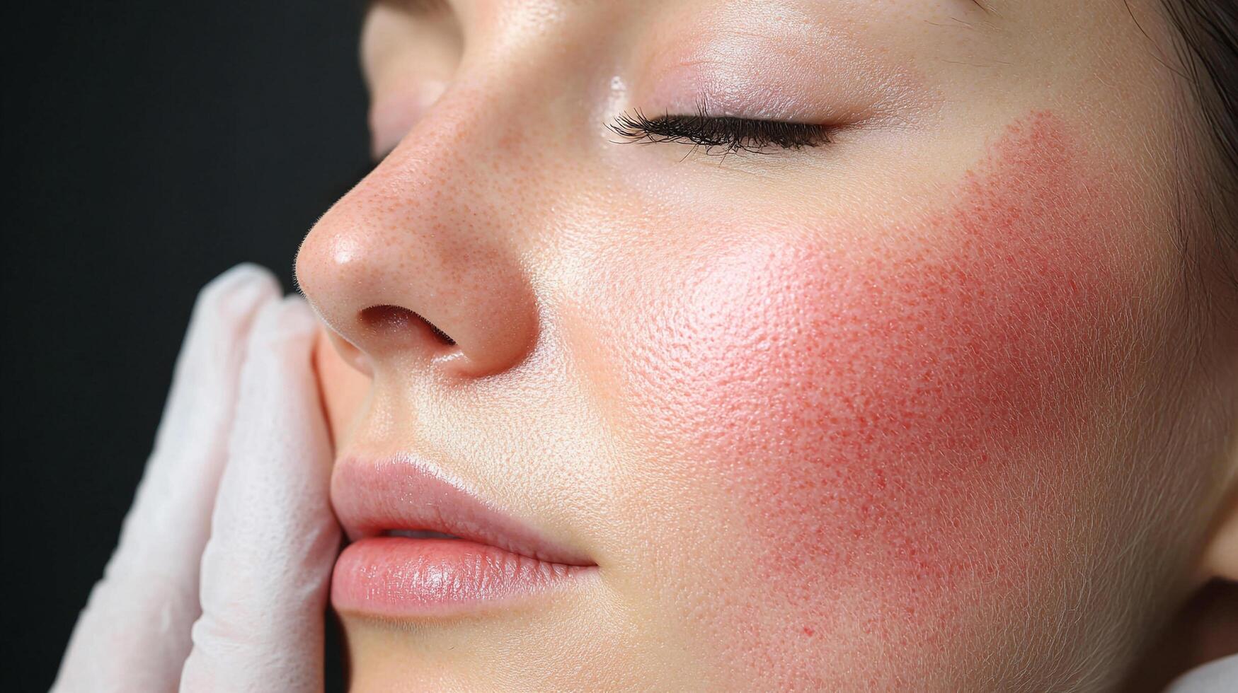 Close-up of a person's face exhibiting skin redness, likely indicating a skin condition, while a gloved hand gently touches the cheek. photo