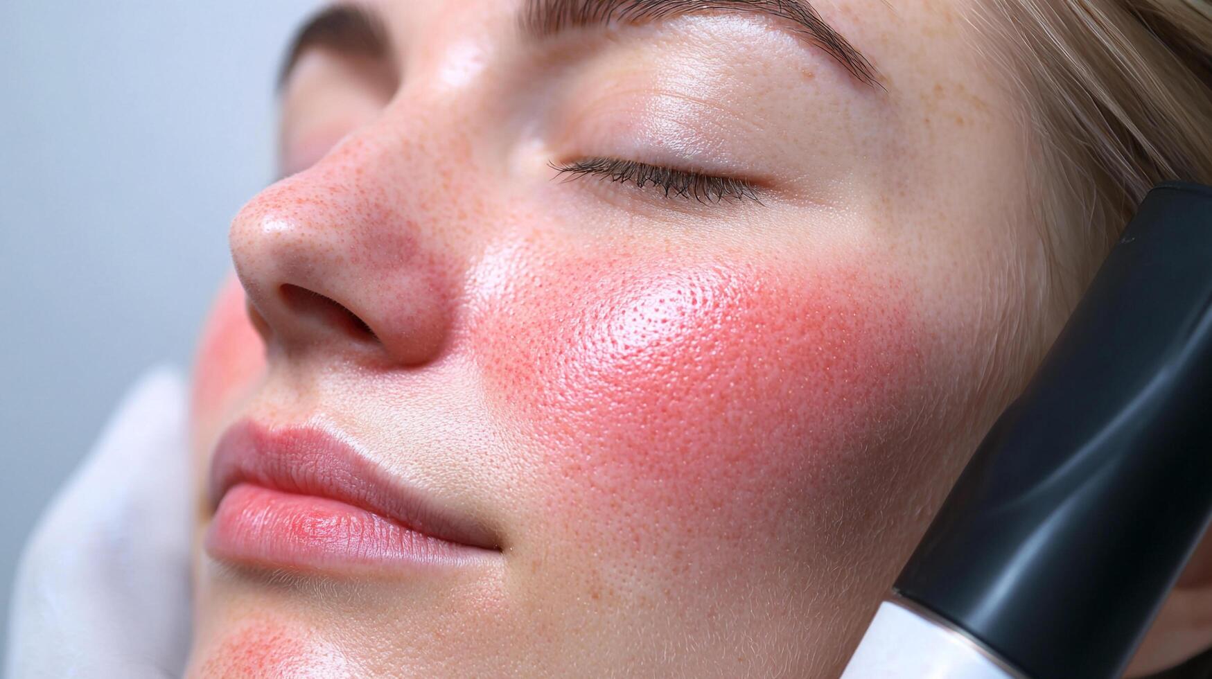 Close-up of fair-skinned woman with rosacea receiving facial treatment, eyes closed in relaxation during cosmetic procedure. photo