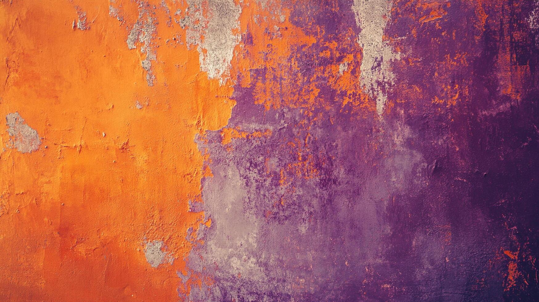 Abstract wall texture featuring contrasting orange and purple tones with peeling paint and a grunge effect, creating a visually interesting scene. photo