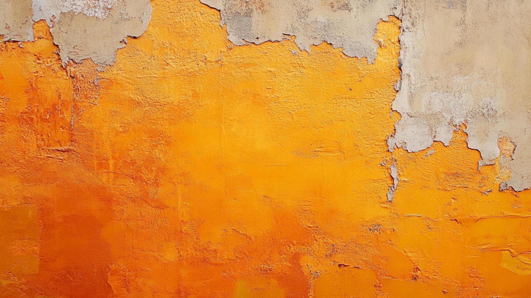 Abstract close-up of an old wall with peeling paint, showcasing weathered texture and a mix of vibrant orange and faded neutral tones. photo