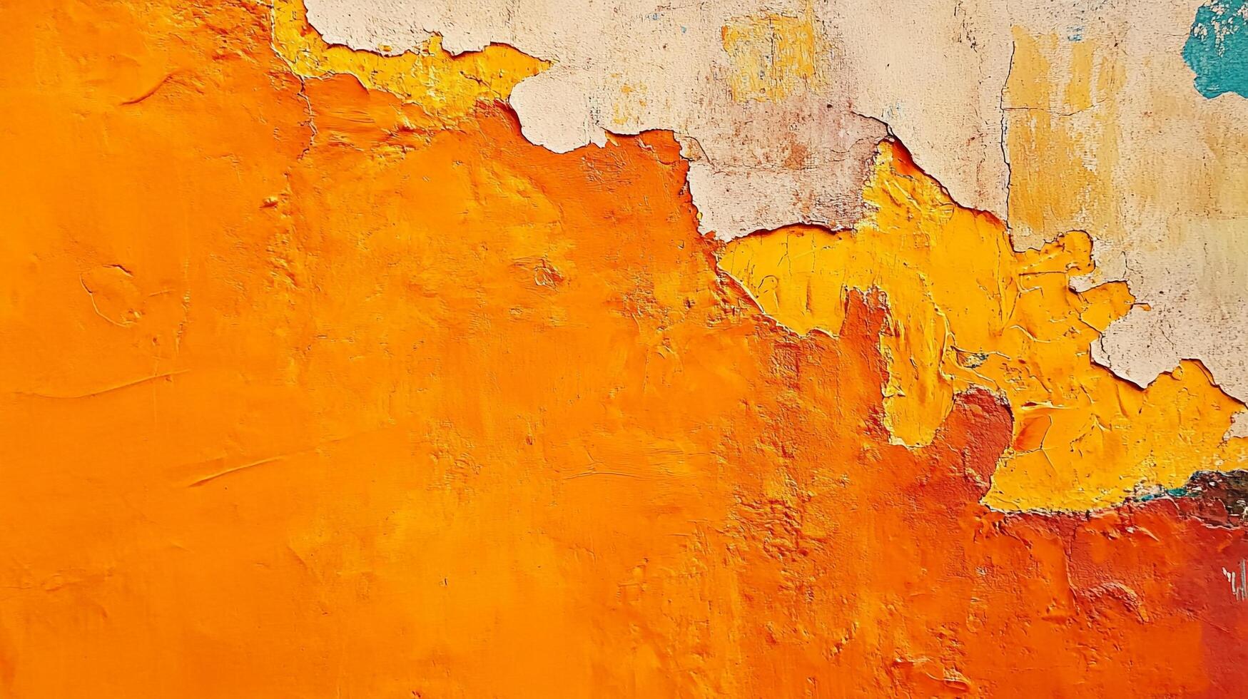 Abstract painting of orange paint peeling off a wall with tan patches. The rough texture evokes a sense of age and decay, yet vibrance. photo
