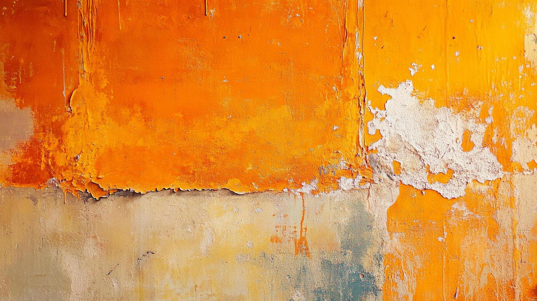 Distressed orange and cream wall with peeling paint revealing layers of age and texture, evoking a sense of decay and weathered charm. photo