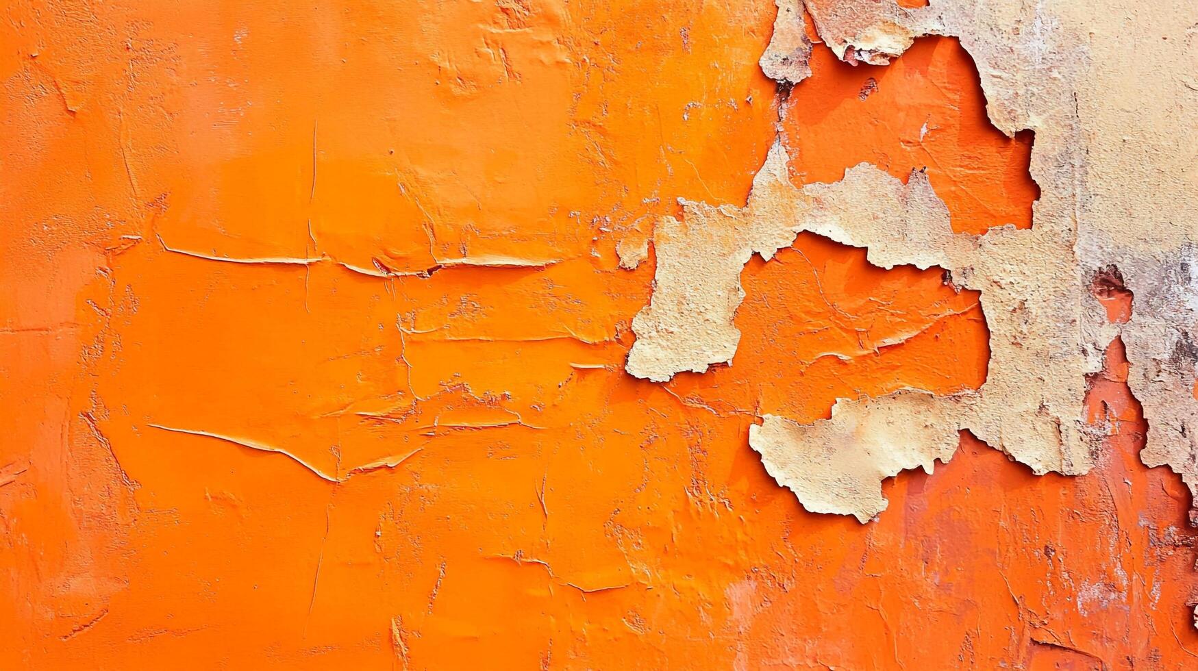 Abstract textured close-up of a vibrant orange wall with peeling paint, showcasing age and decay for background texture purposes. photo