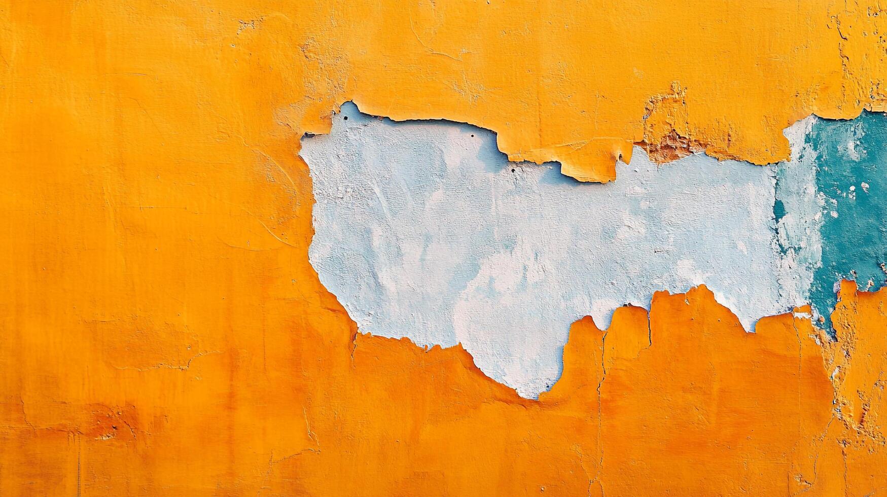 A textured wall displays layered paint with a mix of yellow, white, and blue. The peeled paint reveals vibrant hues underneath. photo