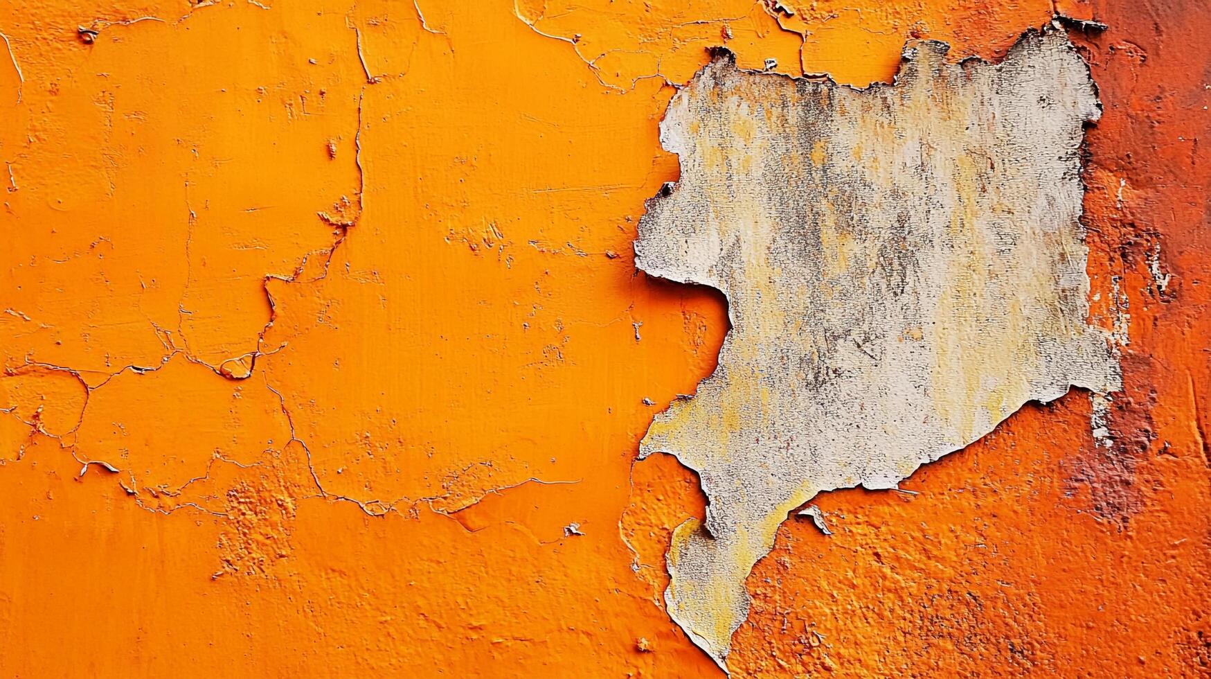 Distressed orange wall featuring peeling paint and crackles. Concrete underneath adds texture and age. Great backdrop for urban decay. photo