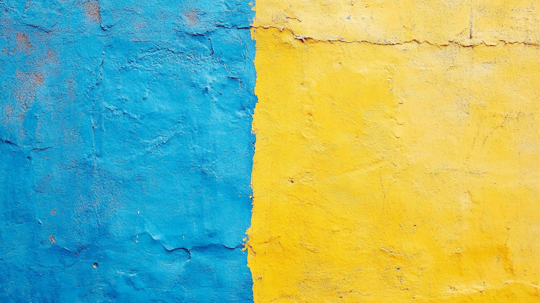 Blue and yellow painted wall with cracks and texture on surface. Colorful abstract backdrop with rough details and split color scheme. photo