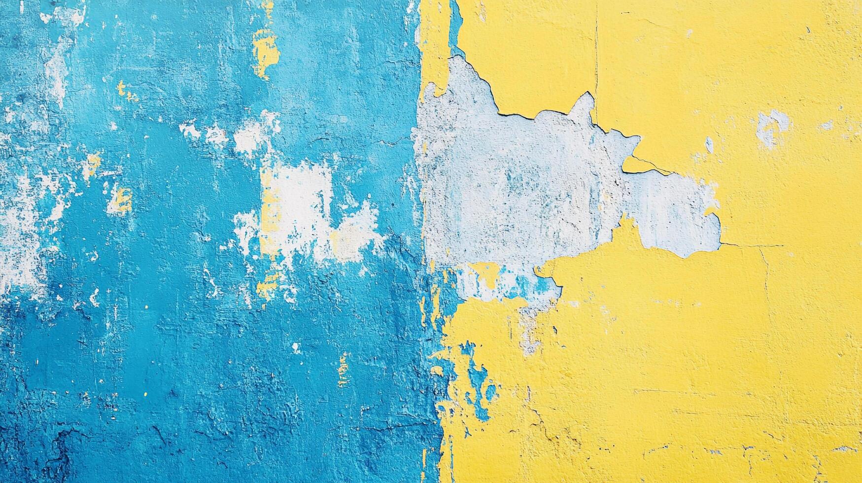 Textured wall with peeling paint in blue and yellow, creating an abstract and visually striking background. Aged and colorful surface. photo