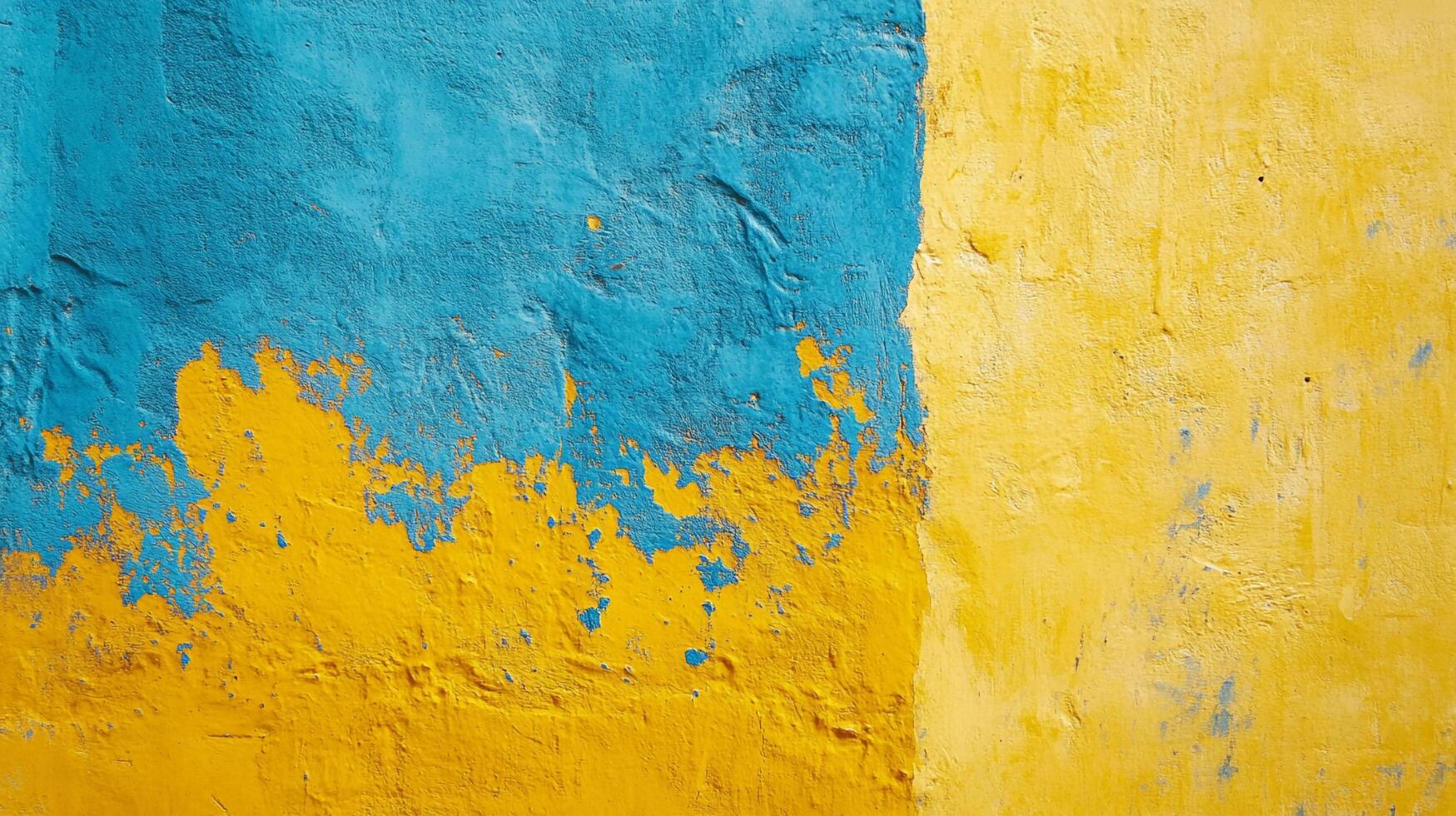 Textured wall with a vibrant color block design featuring blue and yellow paints, creating a striking and visually appealing abstract pattern. photo