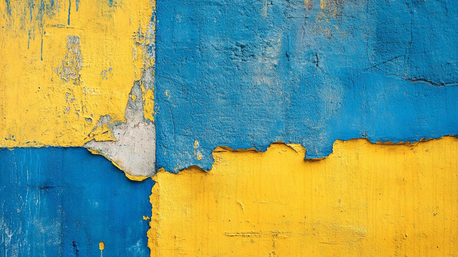 Distressed concrete surface with yellow and blue paint, textured background, and weathered aesthetic, great for various applications. photo