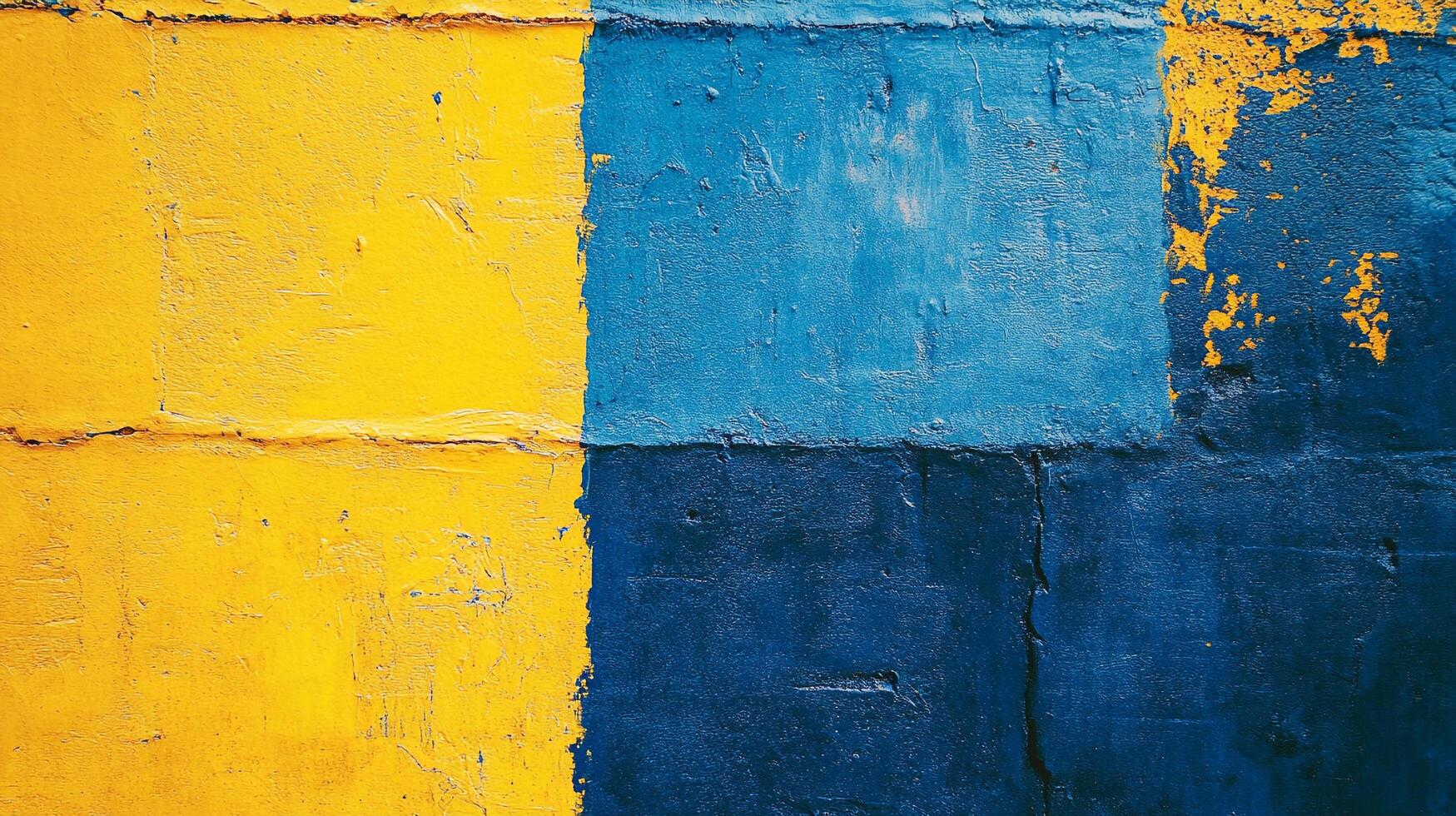Abstract textured wall with bright yellow and blue paint creates vibrant, color-blocked design on rough surface and weathered texture. photo