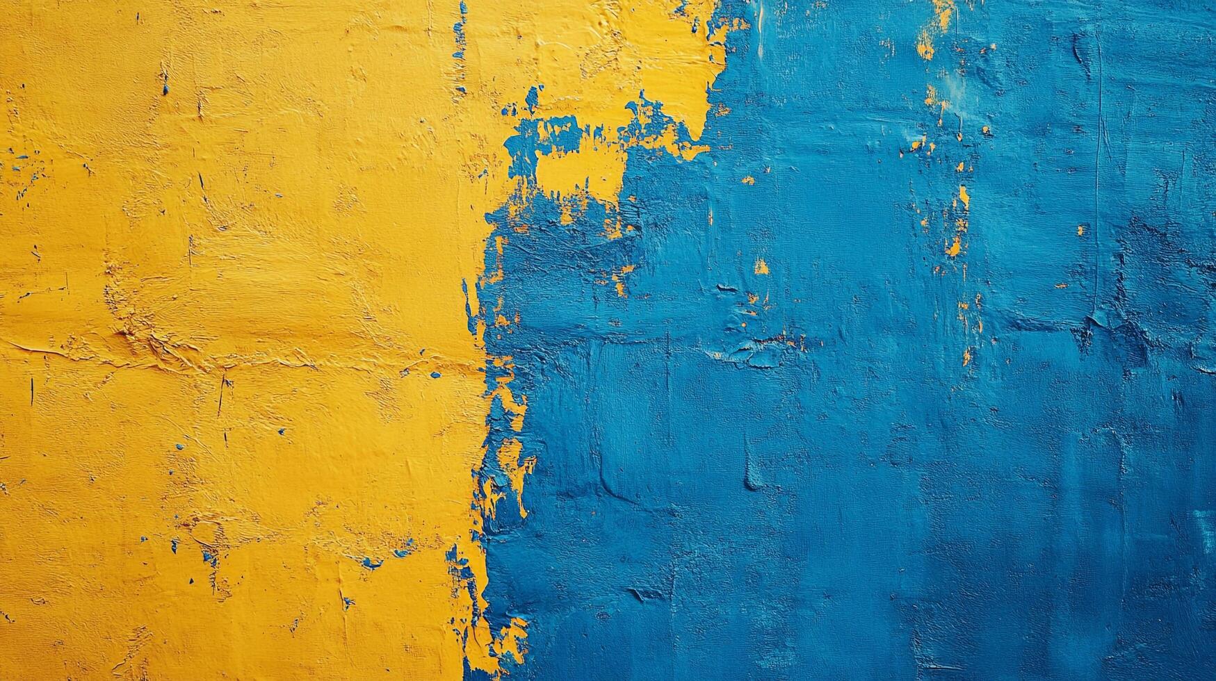 Abstract painted wall featuring bold blocks of vibrant yellow and blue colors, showcasing a textured surface with signs of wear and age. photo