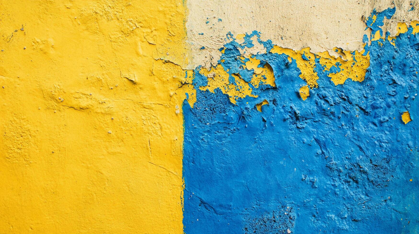 Textured wall with a yellow and blue painted surface, showing signs of age and wear, creating an abstract pattern. photo