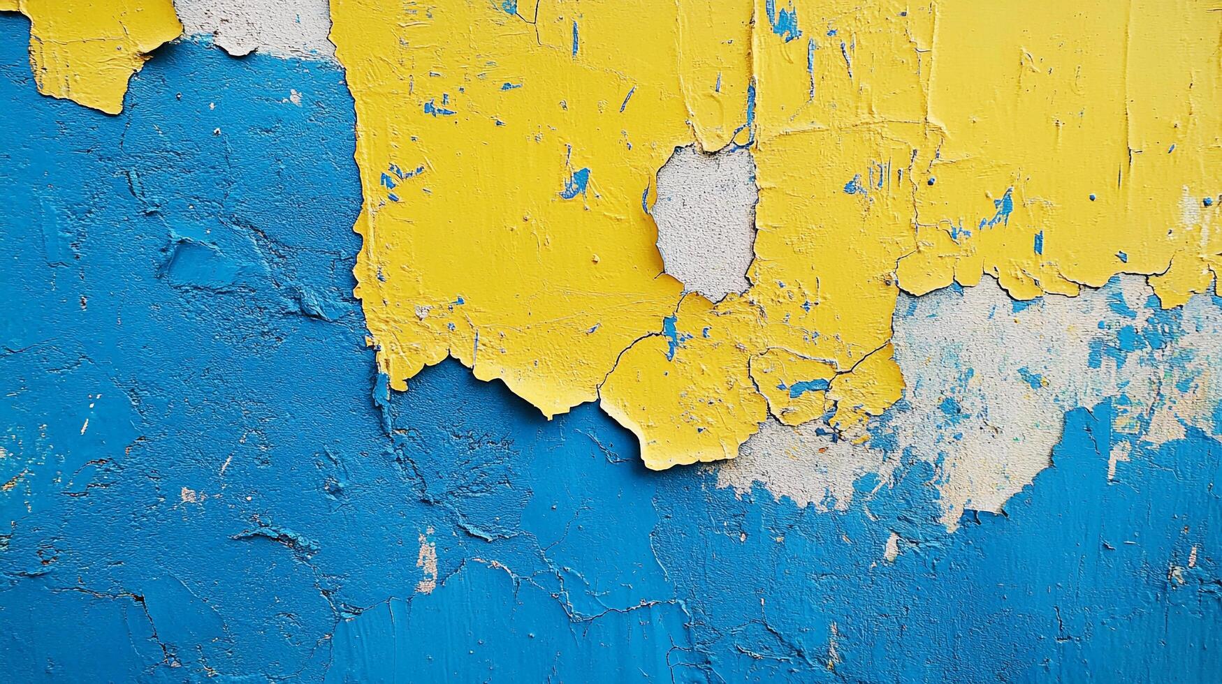 Peeling paint revealing layers of color and texture, creating an abstract pattern on a weathered surface with blue, yellow, and white hues. photo