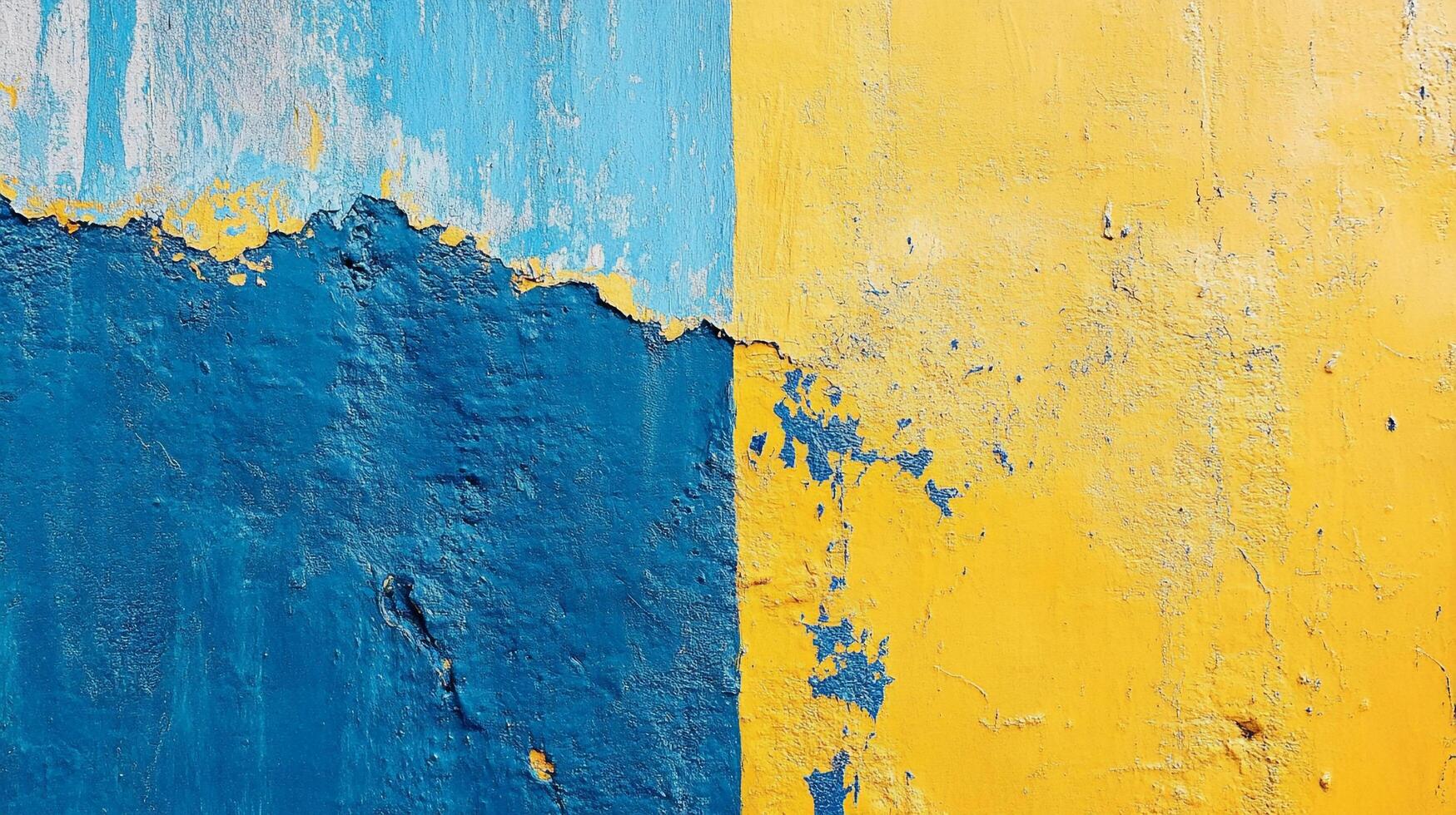 Distressed blue and yellow wall with textured and peeling paint. Captivating contrast, creating a unique visual experience. photo