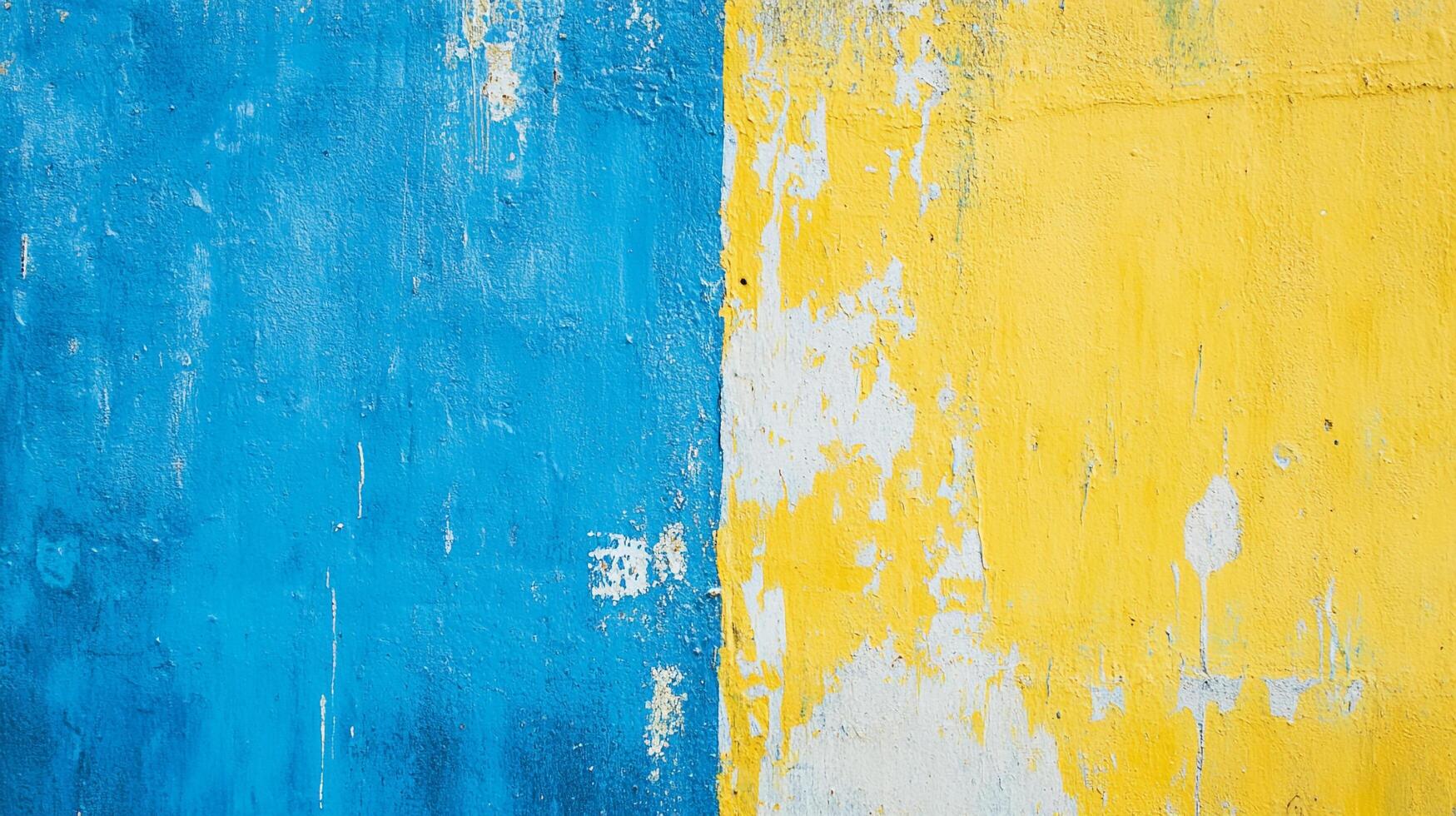Abstract shot of two-toned concrete, split between bright blue on one side and mustard yellow on the other with a rustic, worn texture. photo