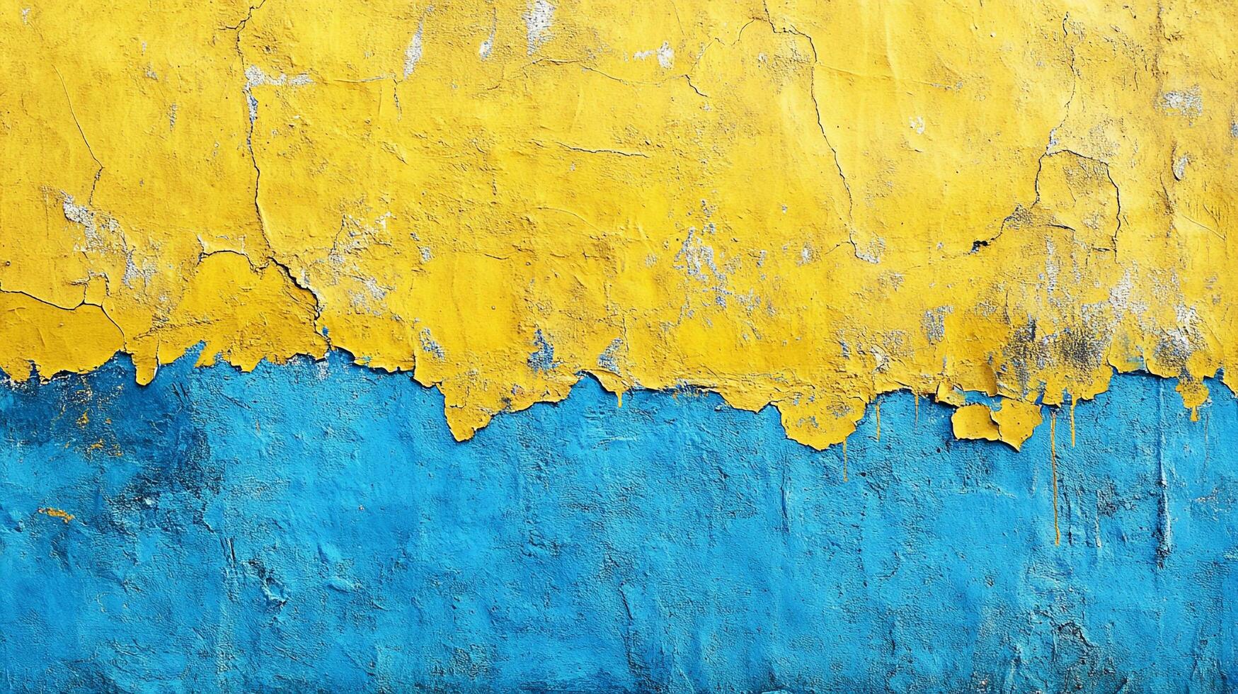 Distressed wall with vibrant yellow and blue paint, showcasing textures and peeling layers. Weathered aesthetic with visual interest. photo
