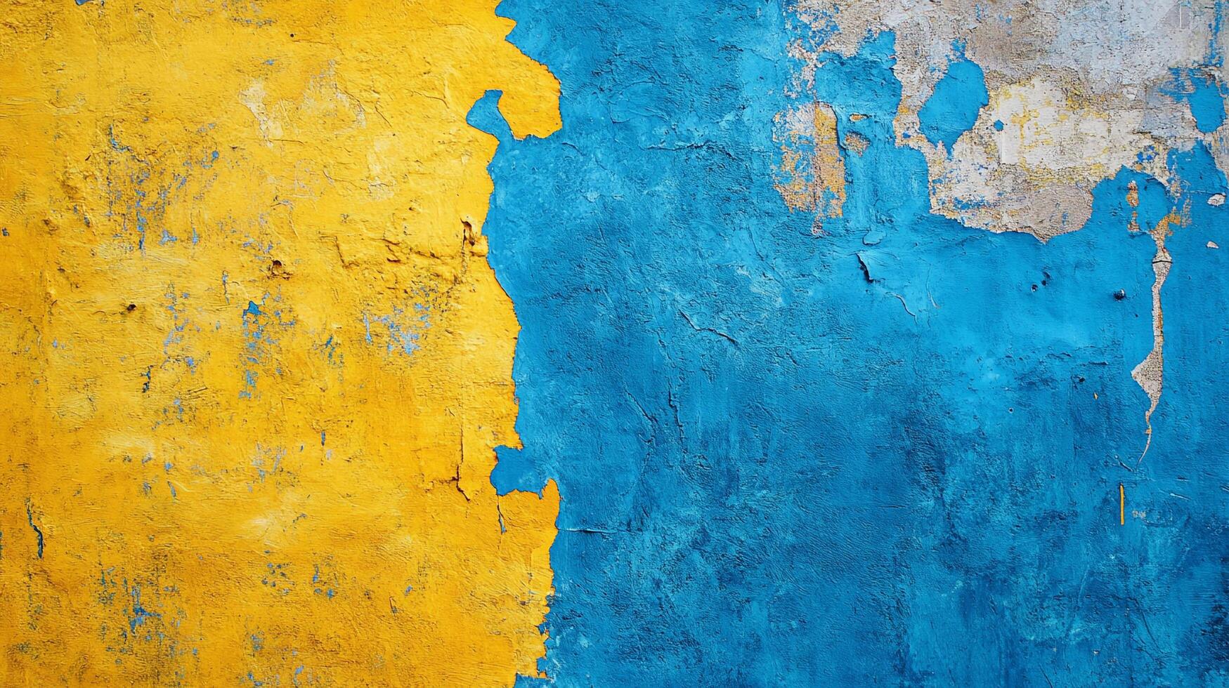 Distressed wall with contrasting blue and yellow paint, revealing layers and textures of aged, weathered surface, showing a rustic charm. photo