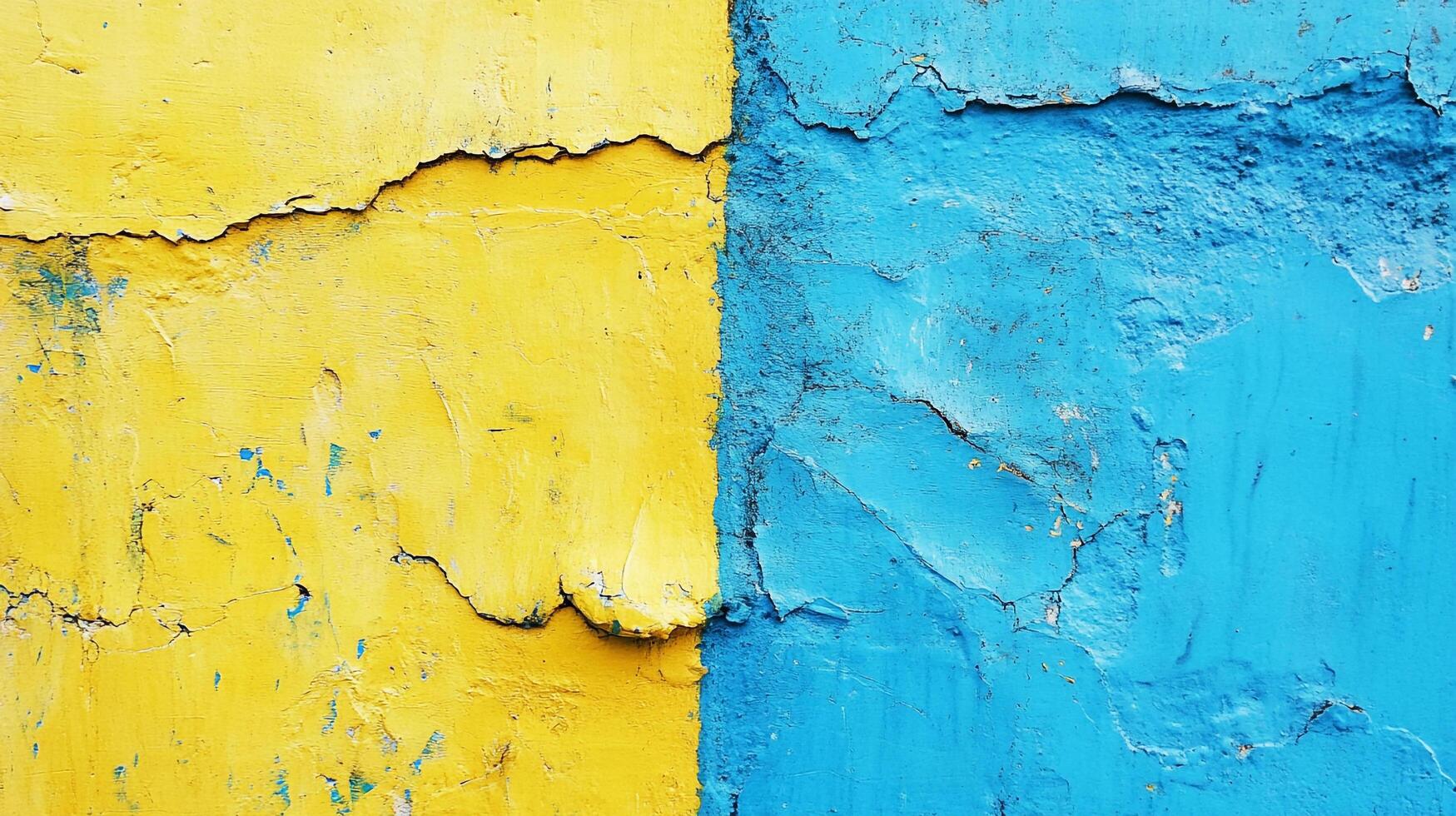 Cracked wall with two colors, yellow and blue, creating a simple yet impactful design. A raw, artistic feel emanates from the surface. photo