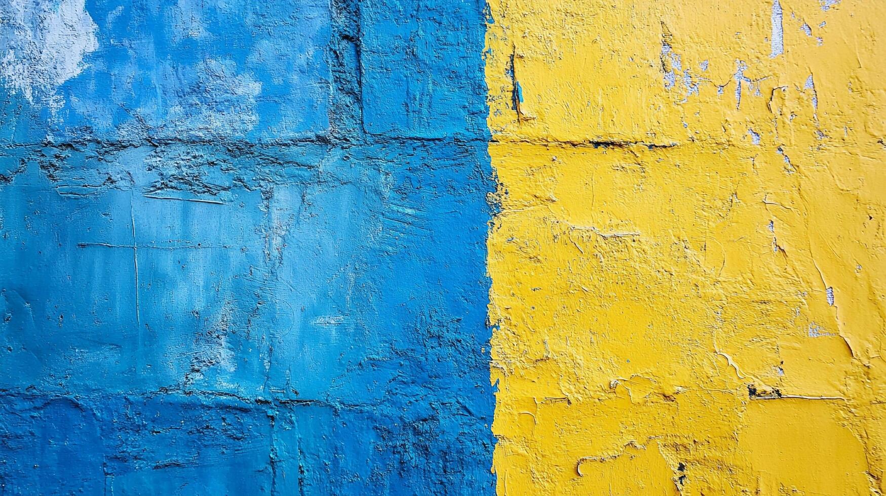 Blue and yellow painted wall texture with visible brush strokes and uneven finish, creating an abstract and bold color block pattern. photo