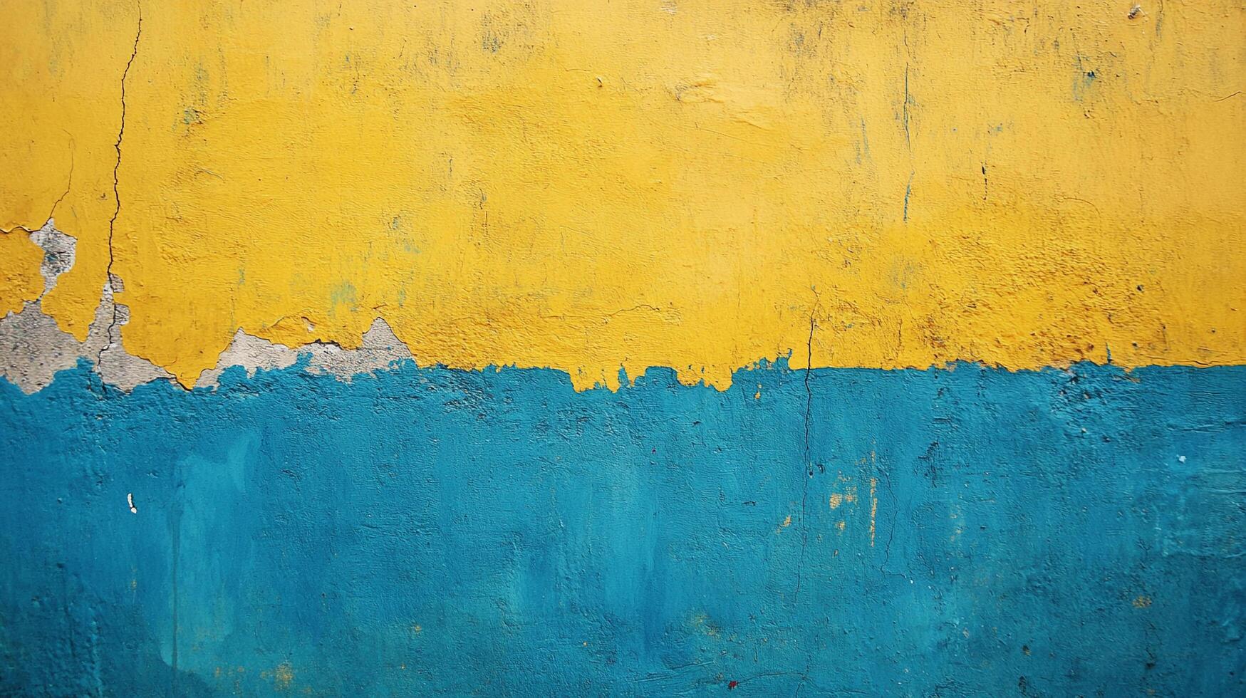 A vibrant, textured wall with a striking contrast of yellow and blue, showcasing an aged and weathered surface with peeling paint. photo