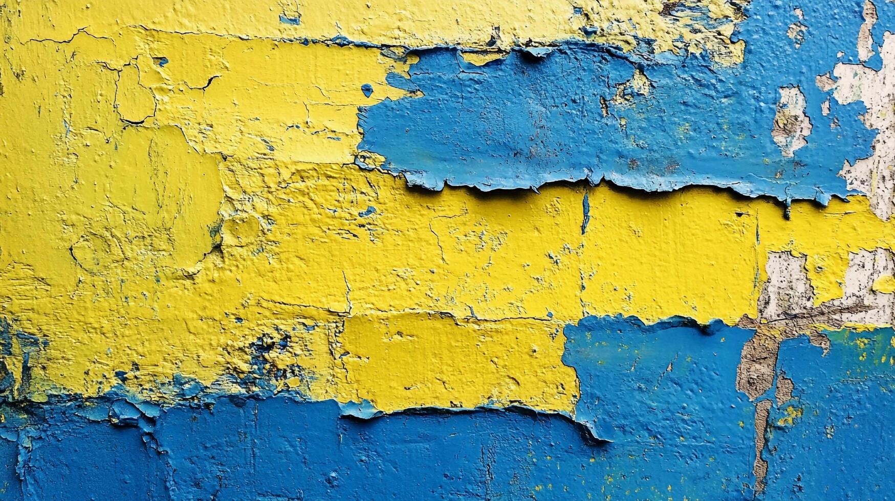 Weathered wall with peeling blue and yellow paint, creating a vibrant yet aged texture and an abstract design. photo