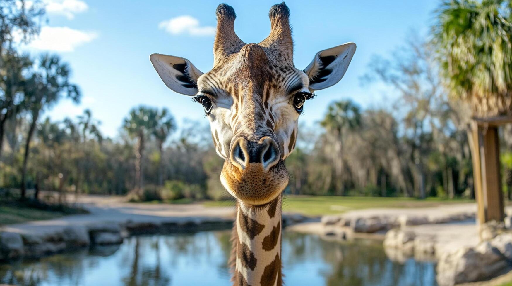 A giraffe stares directly at the camera, its long neck and spotted pattern highlighted against a blurry, green, background. photo