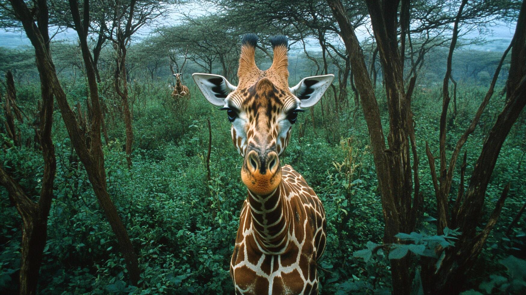 Giraffe portrait in lush woodland. The tall herbivore gazes directly at the camera surrounded by verdant foliage and trees. photo