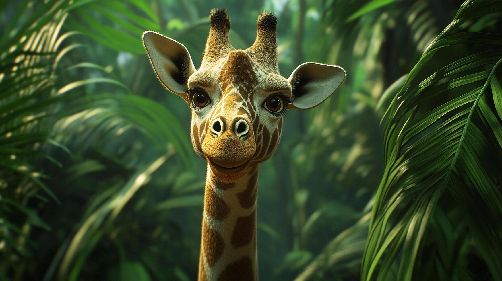 A friendly giraffe gazes forward, its patterned neck rising from a lush green tropical backdrop. Its bright eyes sparkle with curiosity. photo
