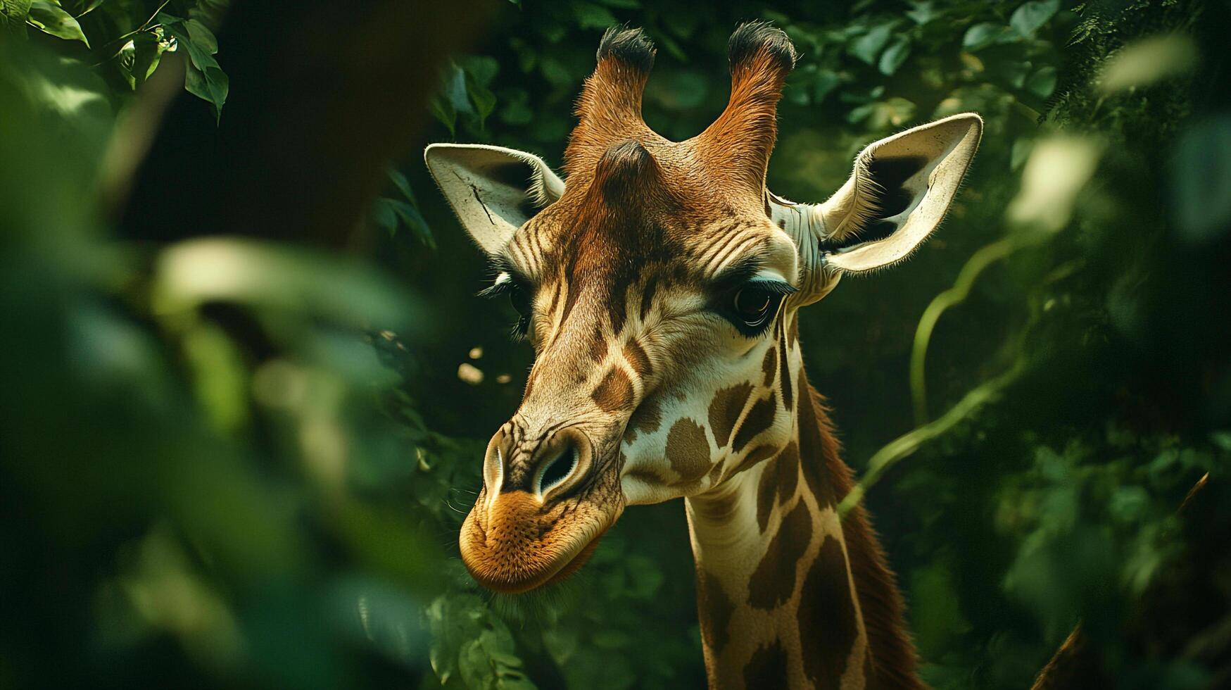 Portrait of a giraffe amidst lush foliage, capturing its gentle nature and striking patterns in a naturalistic setting. photo