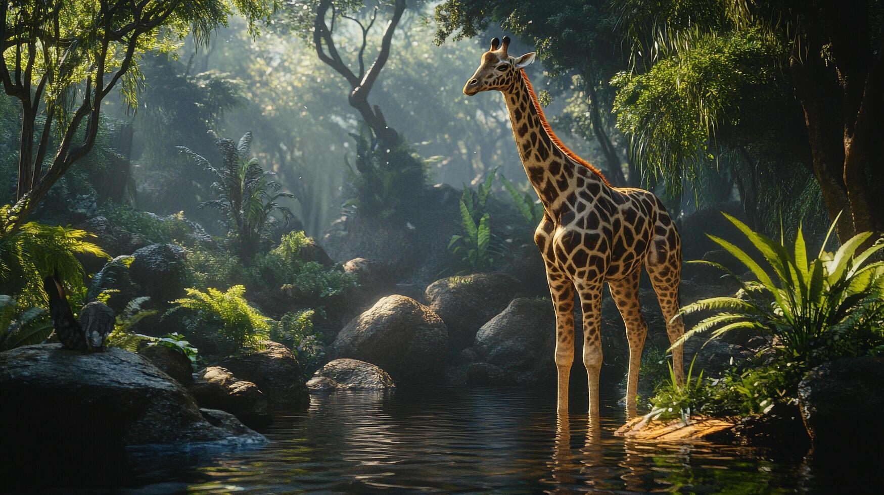 Giraffe in a lush jungle oasis, drinking water from a stream, a tranquil wildlife scene in a forest under sunlight. photo