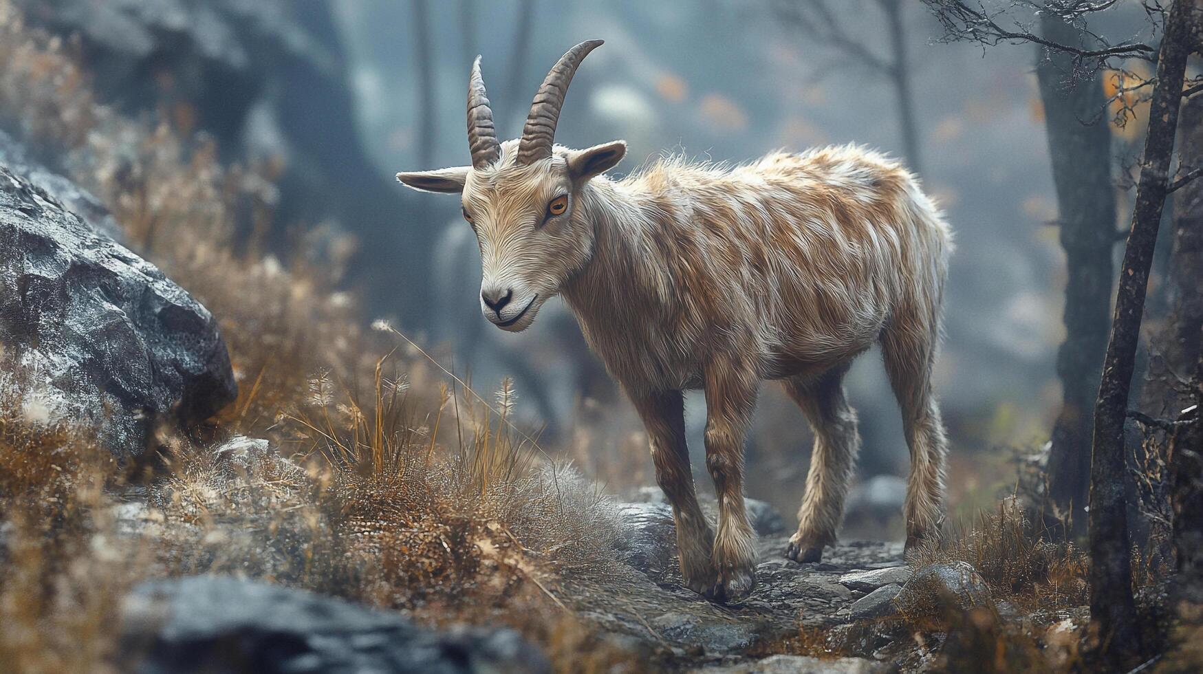 A horned animal with tan fur and a light colored face standing on a rocky path in a forest setting. Peaceful outdoor scene. photo