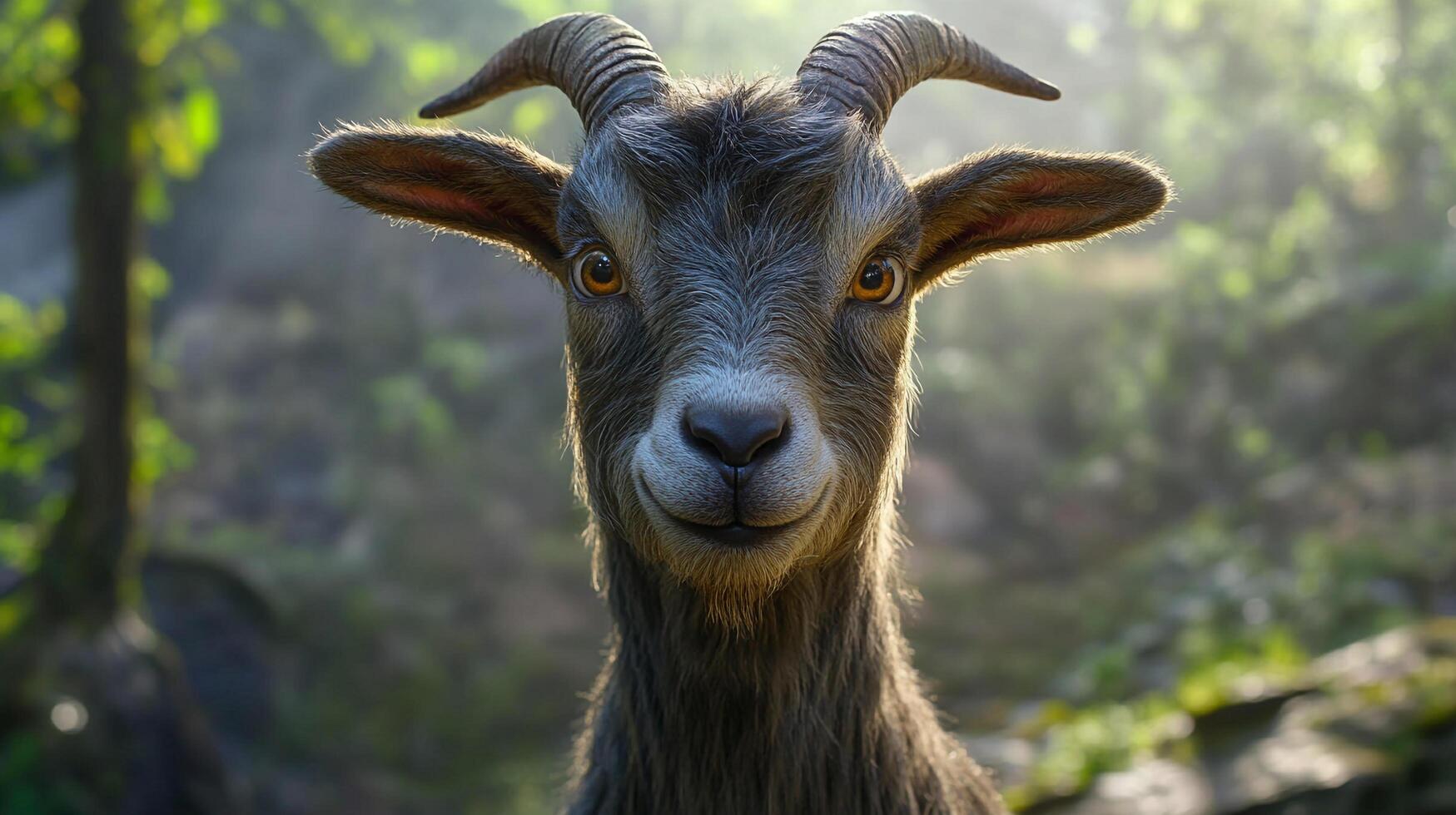 A friendly goat stares forward with bright, intelligent eyes, showcasing its endearing nature against a backdrop of green foliage. photo