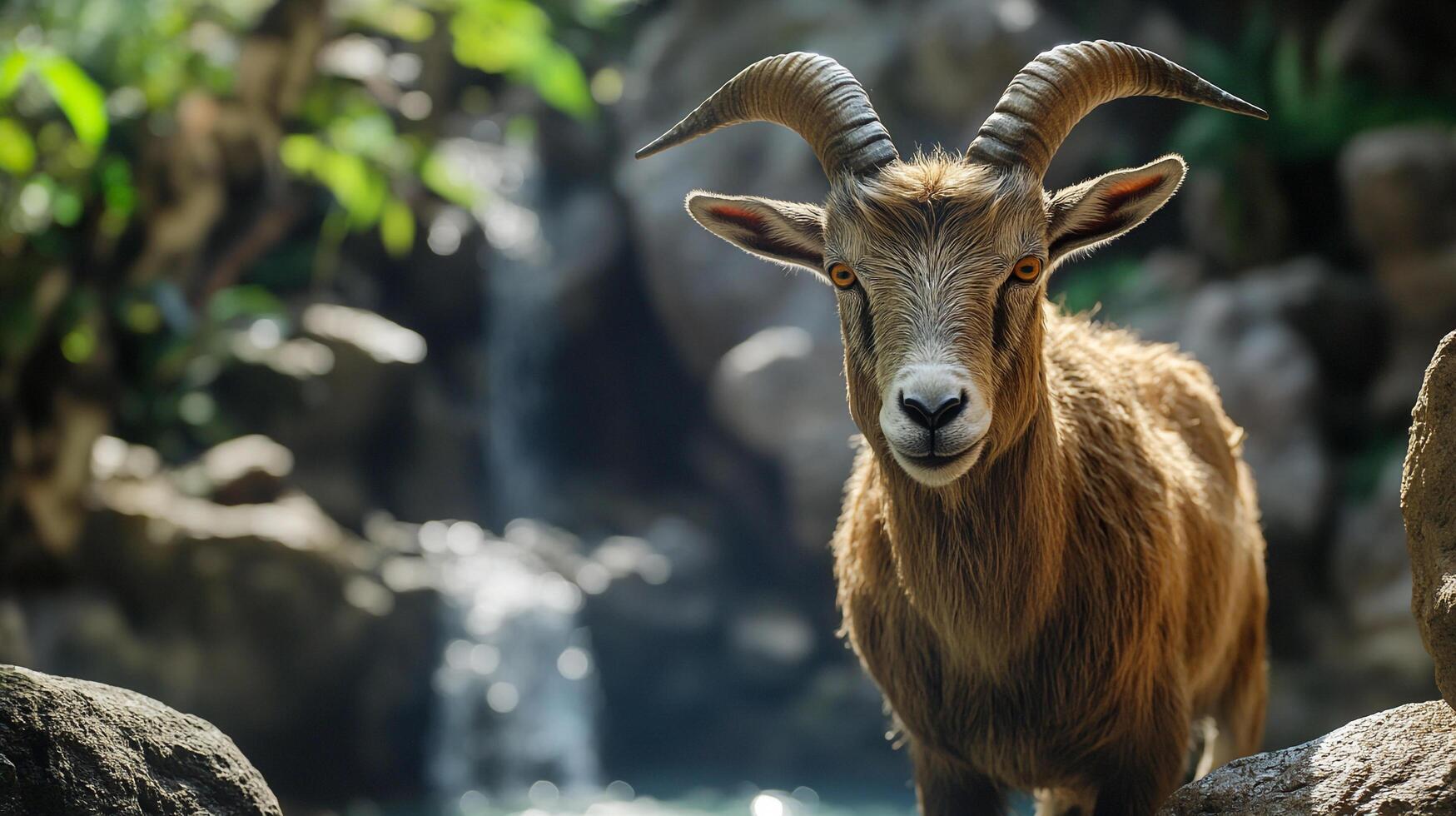 A majestic goat stands proudly against a backdrop of a gentle waterfall, creating a picturesque scene that captures nature's beauty. photo