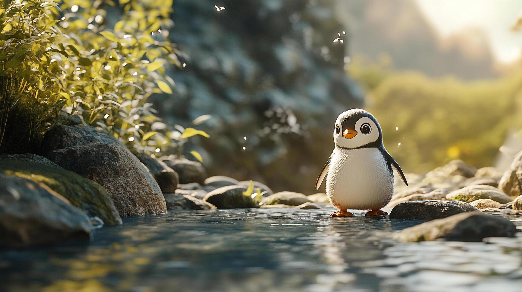 A charming digital illustration featuring a cute penguin standing by a stream, set against a scenic backdrop of rocks and foliage. photo
