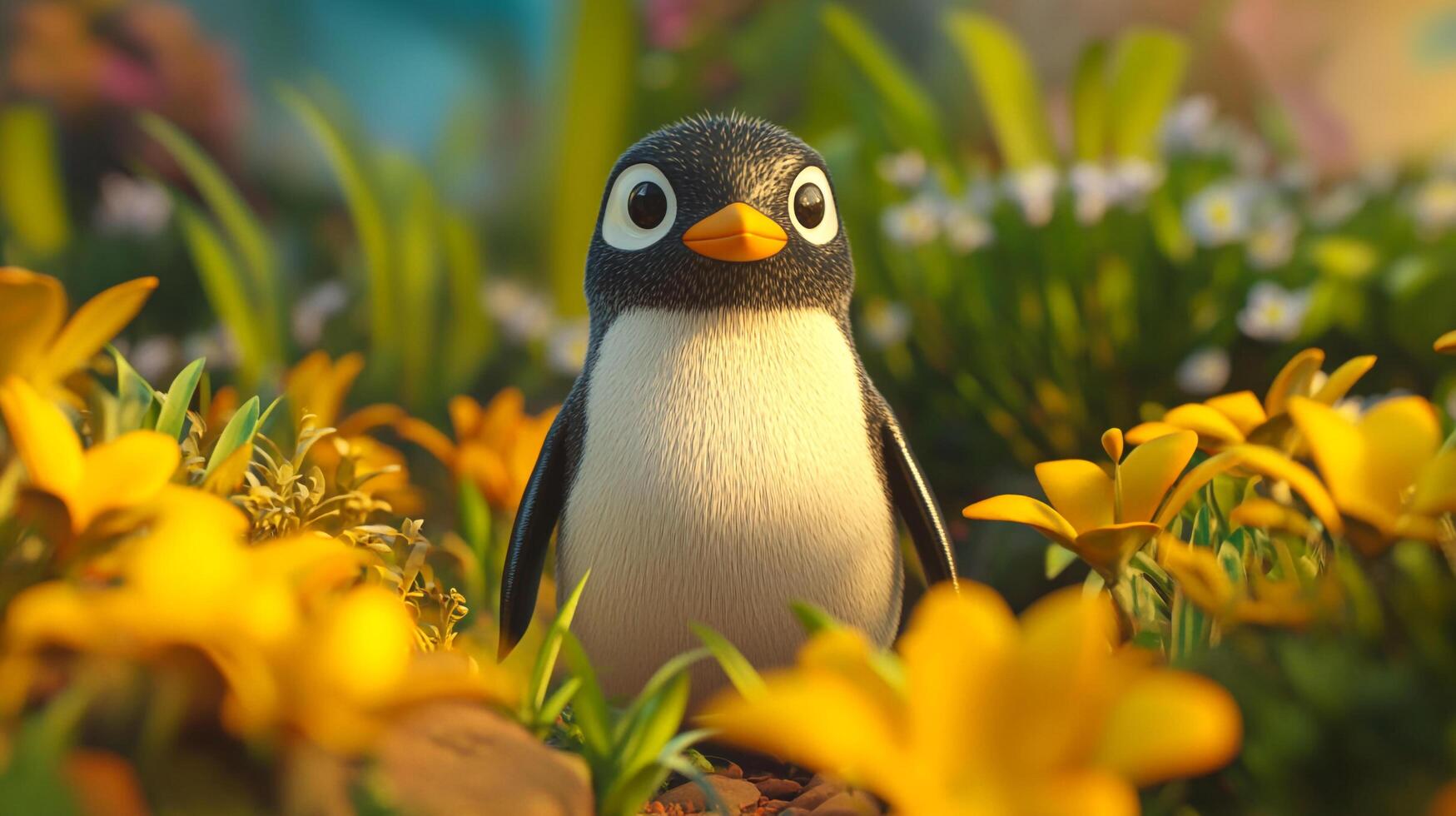 A curious cartoon penguin amidst a vibrant meadow, bright yellow flowers sway gently around, creating a charming, cheerful, sunny scene. photo