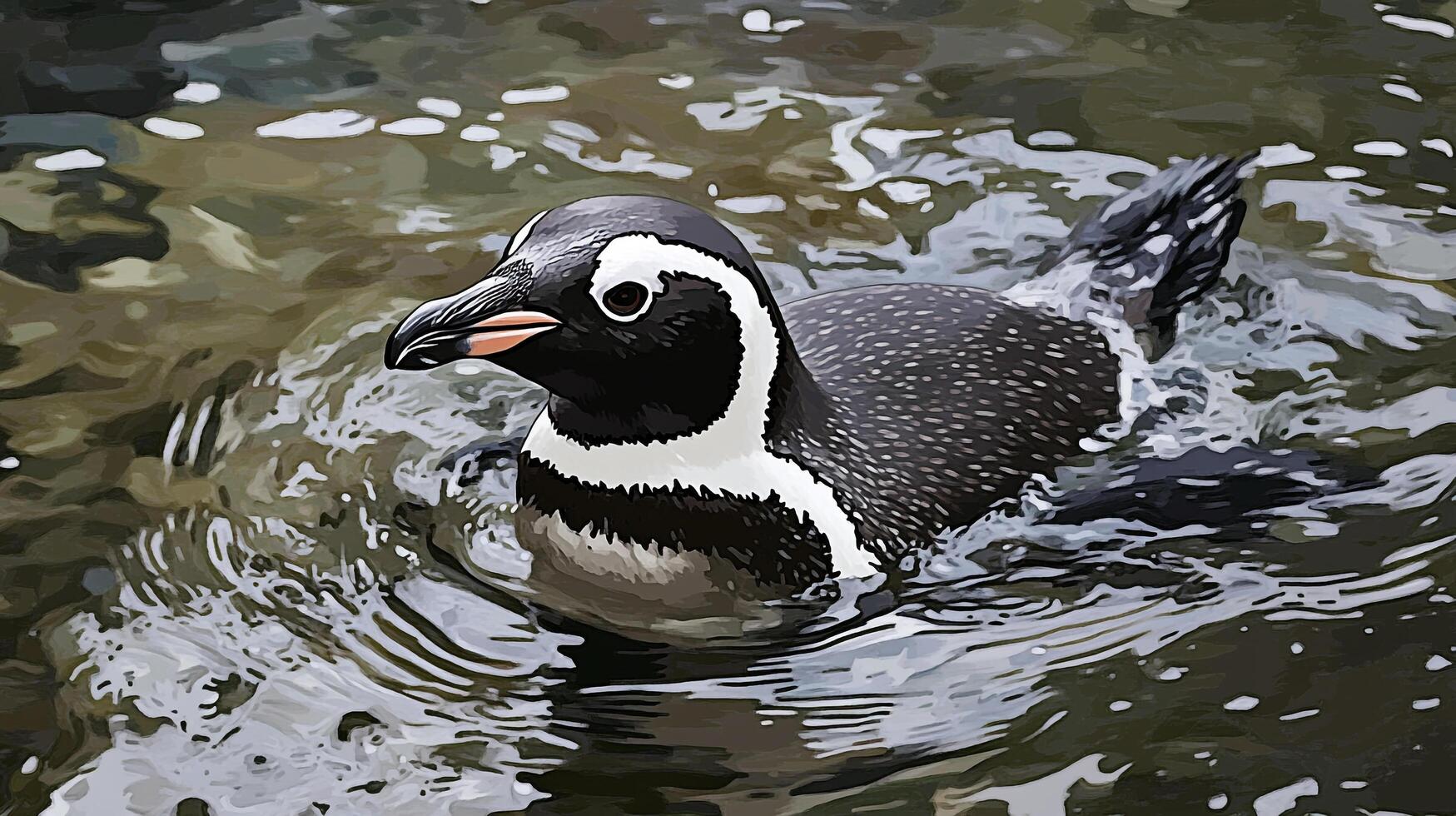 Penguin swims in water, creating ripples around its body with black and white plumage shining in the sunlight. photo
