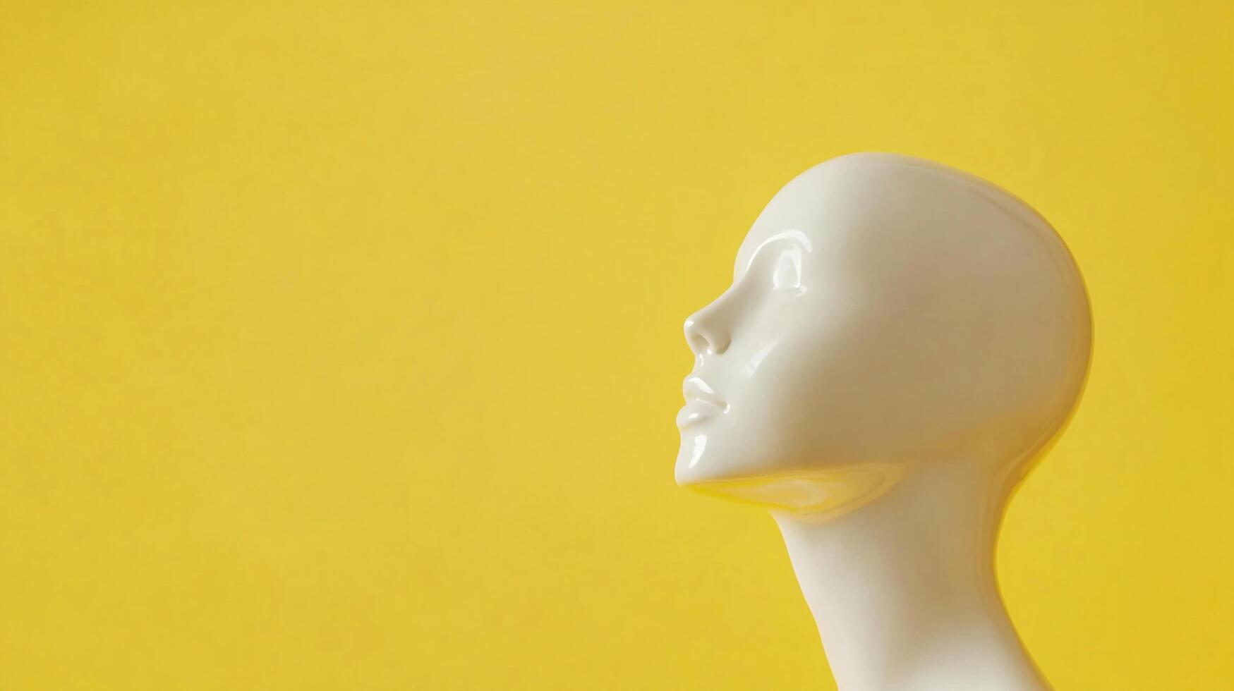 Profile of a serene mannequin head against a solid yellow backdrop, creating a stark and modern art composition. Simple and elegant. photo