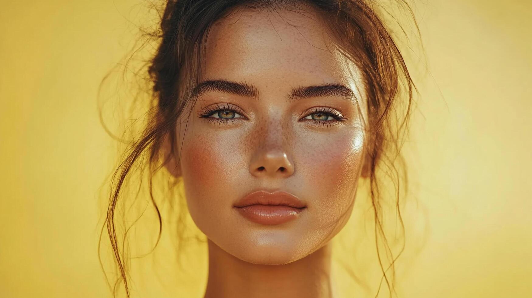 Close-up portrait of a woman with fair skin, freckles, and green eyes against a yellow background, highlighting natural beauty and soft lighting. photo